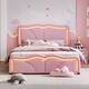 preview thumbnail 5 of 14, Upholstered Platform Bed with Curve Shaped and Height-adjustbale Headboard & LED Light Strips, Twin/Full Size Bed Frame w/ Slats Pink - Full