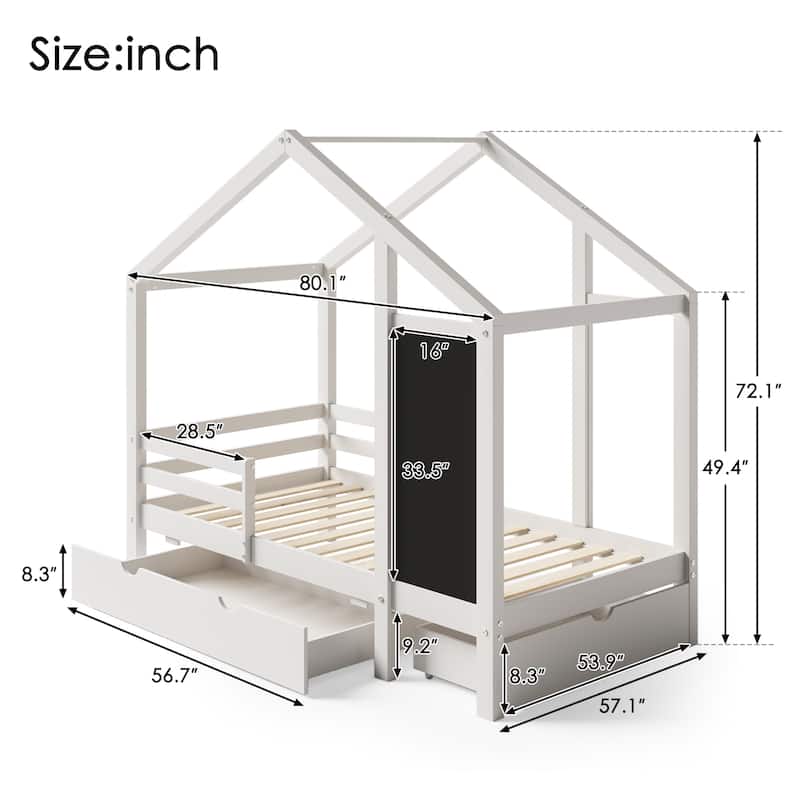 Roomfitters Size House Bed with Blackboard Panels and Storage Drawers, Two Assembly Options, White