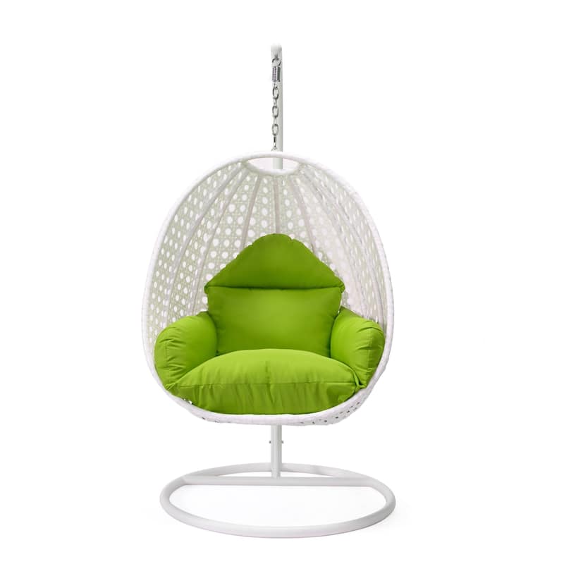 Patio Hanging Egg Swing Chair with White Wicker Shell and Iron Frame for Indoor Outdoor Patio Porch Garden Backyard