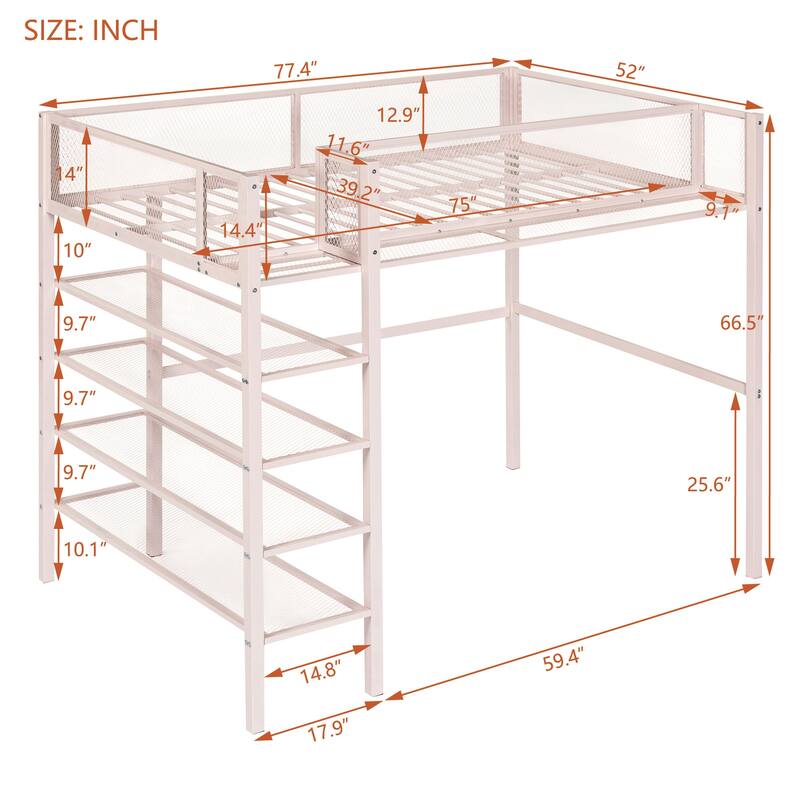 Twin Size Metal Loft Bed with 4-Tier Shelves and Storage, White