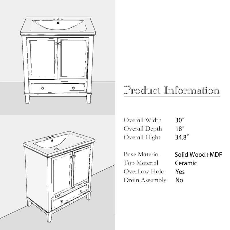 34.8" Tall Solid Wood with MDF 2-Door Freestanding in White with Basin - 30" x 18"