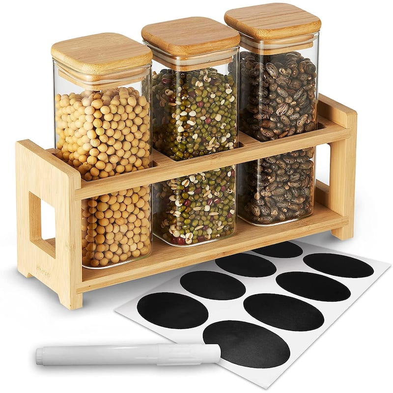 Berkware Glass Mini Storage Jars with Bamboo Lids and Display Stand - 14.3 oz - Clear - 14.3 oz