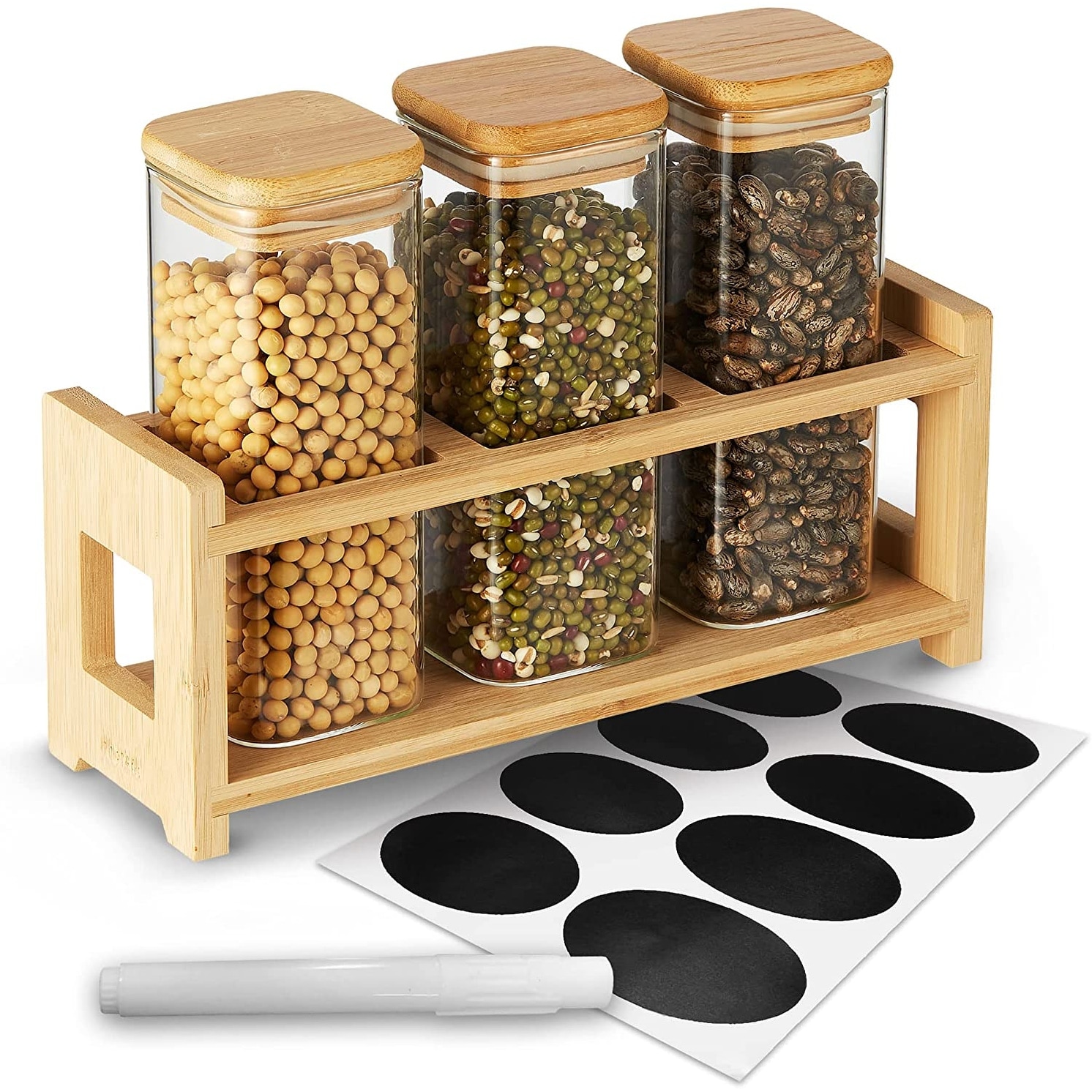 Berkware Glass Mini Storage Jars with Bamboo Lids and Display Stand - 14.3 oz