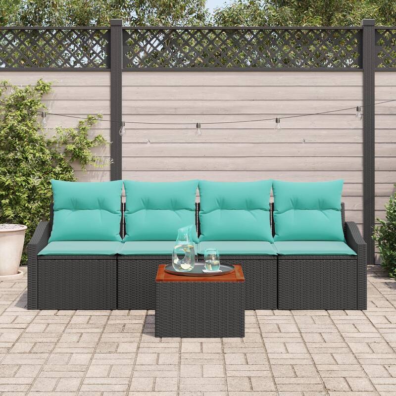 vidaXL 5 Piece Garden Sofa Set with Cushions Black Poly Rattan Acacia - 91.7×24.4×27.2