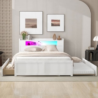 Queen Size Wood Platform Bed with Twin Size Trundle and Drawers,Headboard with LED
