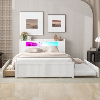 Queen Size Wood Storage Platform Bed with LED, 2-Drawers and Twin Size Trundle, White