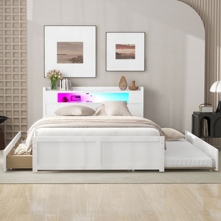 Queen Size Wood Storage Platform Bed with LED, 2 Drawers and Twin Trundle, White