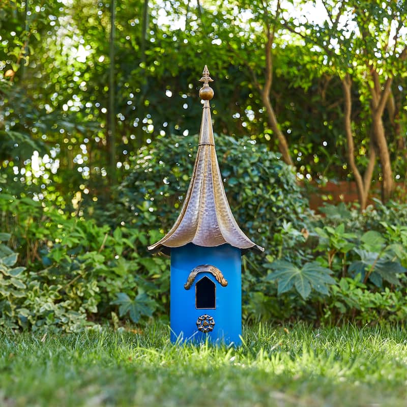 Glitzhome 32"H Farmhouse Retro Metal Pagoda Birdhouse with Bronze Roof - Blue