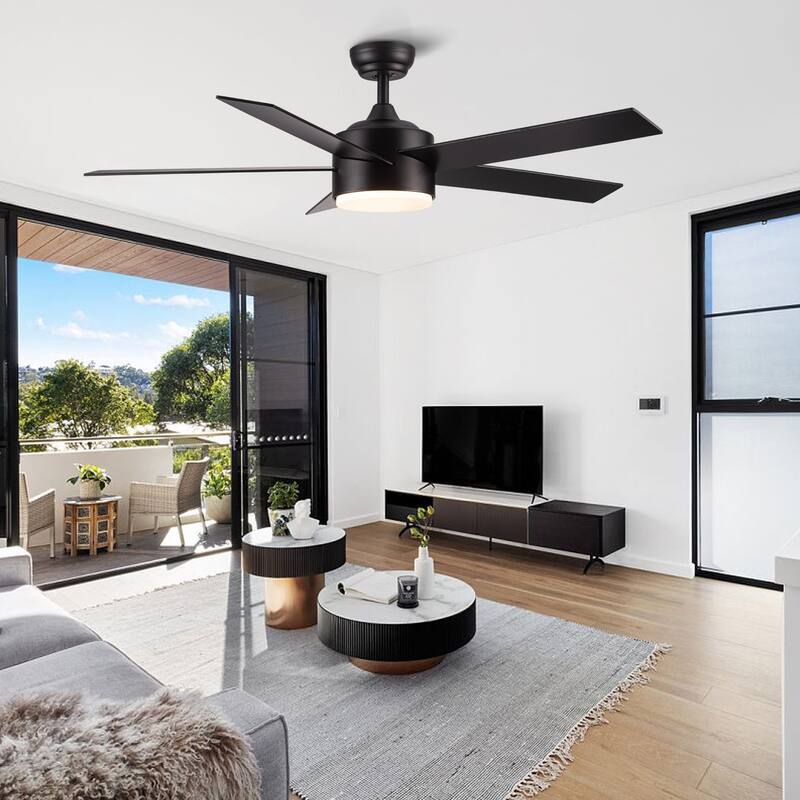 52 in.Outdoor Integrated Light Kit Glam Matte Black Ceiling Fan with 5 Revesible Plywood Blades, Remote Control - 52 INCHES