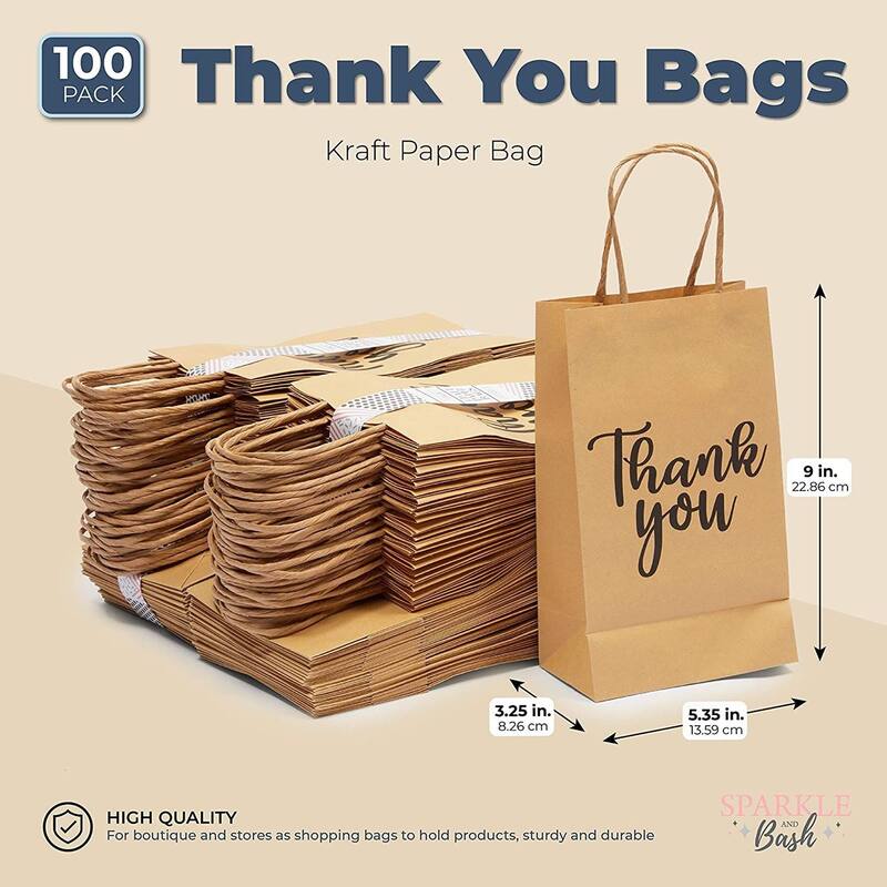 Blue Panda 100-Pack Small Thank You Gift Bags with Handles, Brown, 9x5.3x3.15 In