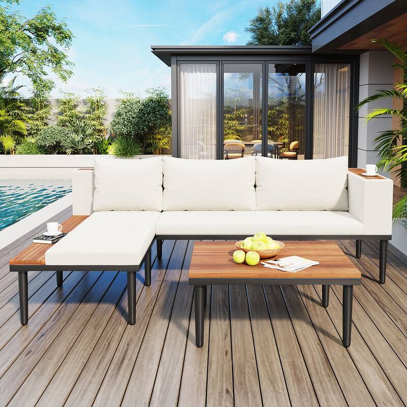 Patio Furniture Set with Removable Cushions and Coffee Table, Acacia Wood Sofa ,Outdoor Conversation Sectional Sofa