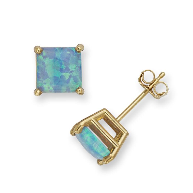 14k Yellow Gold 6mm Reconstructed Opal Square Princess Earrings - Aqua