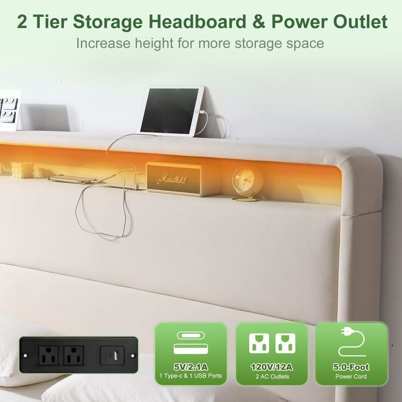 Upholstered Platform Bed With Charging Station & LED Lights