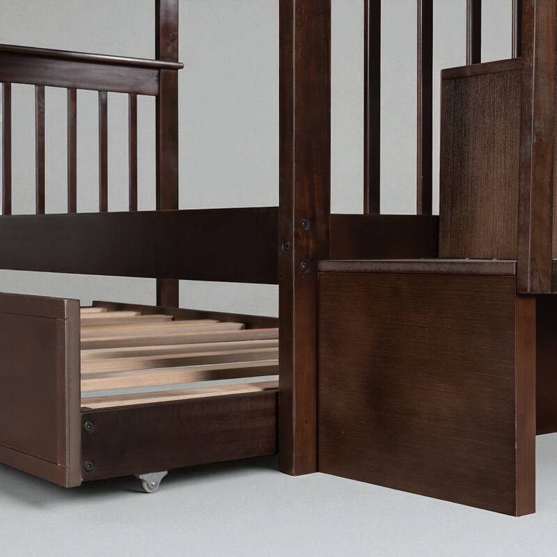 Stairway Twin Over Twin Bunk Bed with Trundle and Storage Drawers, Convertible Design, Solid Wood Frame