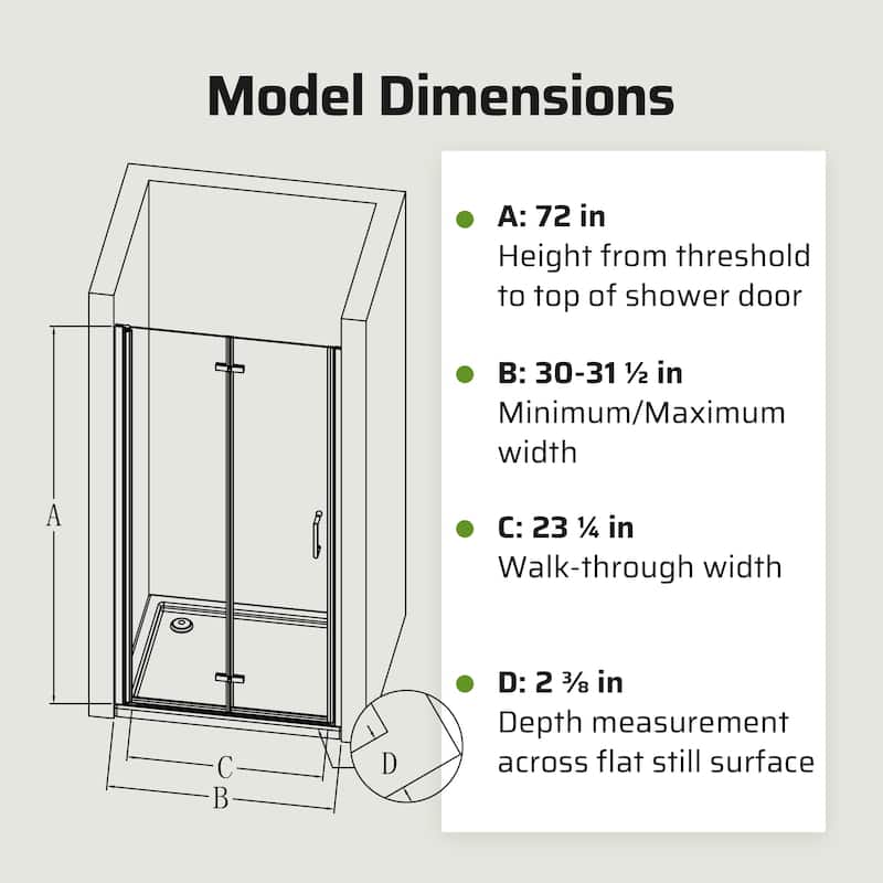 30"/32"/34" W x 72" H Frameless Folding Pivot Shower Door, 6mm Tempered Glass, Matte Black Bifold Bathroom Door