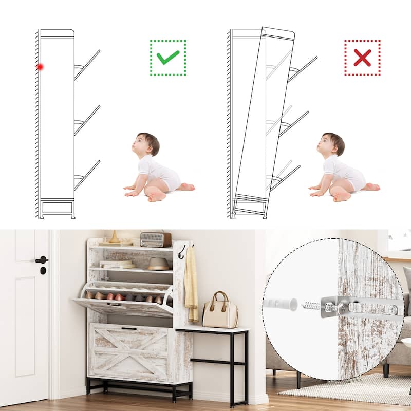 Rustic Shoe Rack Storage Cabinet Organizer with Large Capacity, Flip Drawers and Anti-Tipping Design, for Balcony, Hallway