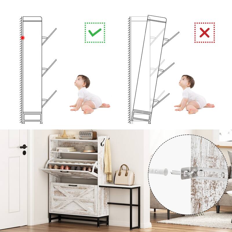 Shoe Cabinet with 2 Flip Drawers & Adjustable Shelves, Large Capacity Storage Cabinet, Shoe Rack with Metal Legs