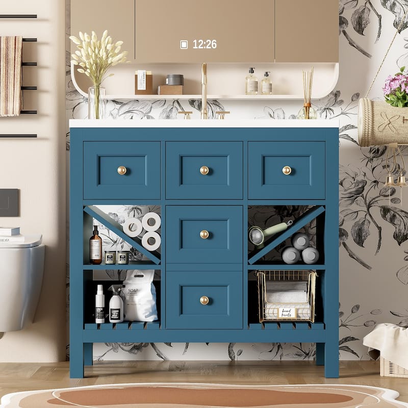 Roomfitters 36" Vanity with Resin Sink, Solid Wood Cabinet with 5 Drawers and Soft Closing Doors, Freestanding Design, Blue
