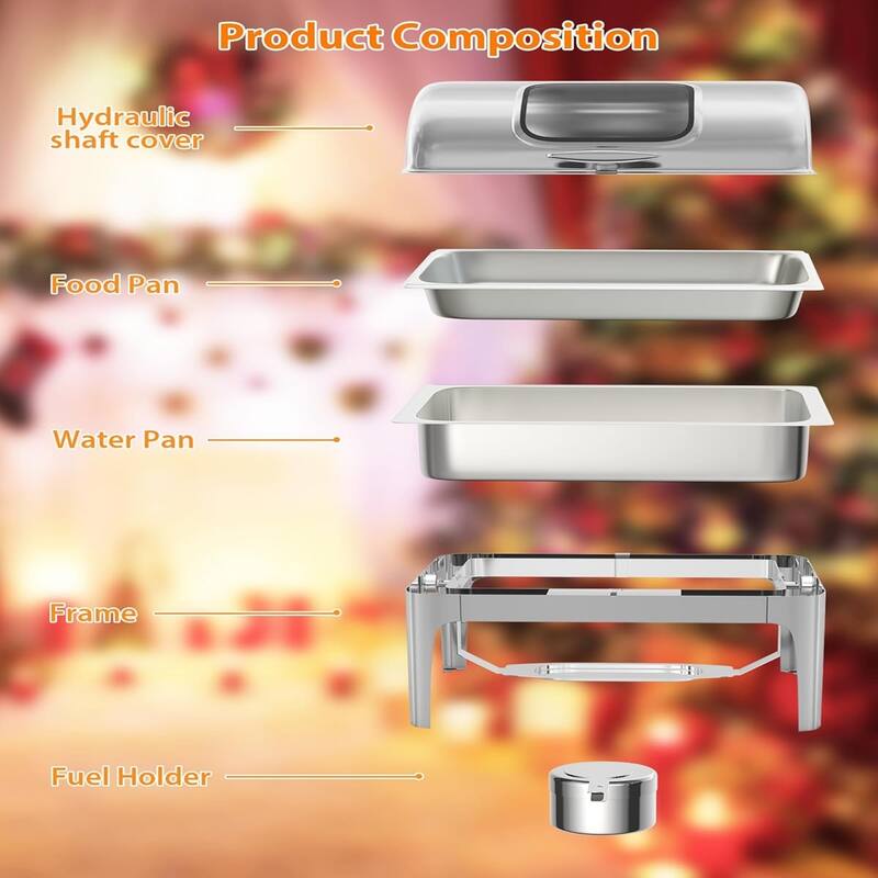 Roll Top Chafing Dish Buffet Set Rectangular 9QT Stainless Steel Catering Food Warmers with Glass Window Full Size Silver - 9L