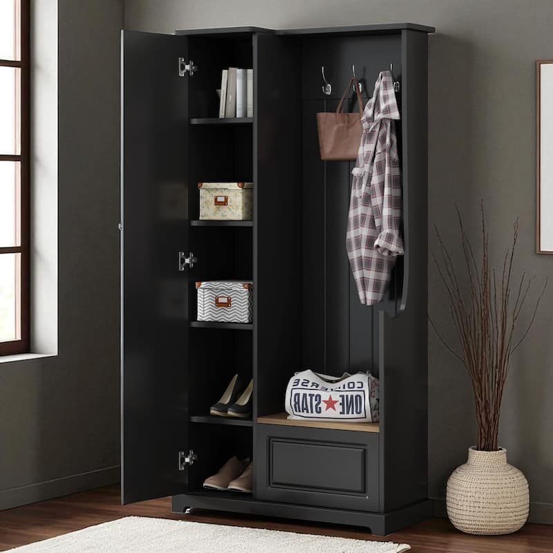 35.6'' Hall Tree with Flip-Up Bench, Adjustable Shelves, Shoe Cabinet & 3 Hooks, Modern Entryway Coat Rack