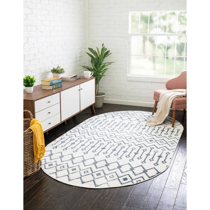 Contemporary Pico Collection Area Rug - 5'3"x8' Oval - Ivory-Navy Blue
