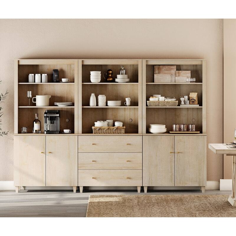 71" Tall Pantry Cabinet Set of 3, Modern Kitchen Storage Pantry with Drawers and Doors, Modular Storage Cabinets for Dining Room - Light Oak