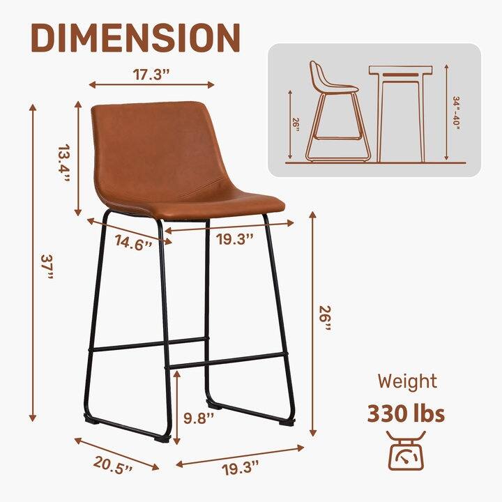 FERPIT Set of 2 Faux Leather Armless Counter Height Bar Stools with Metal Legs and Footrest