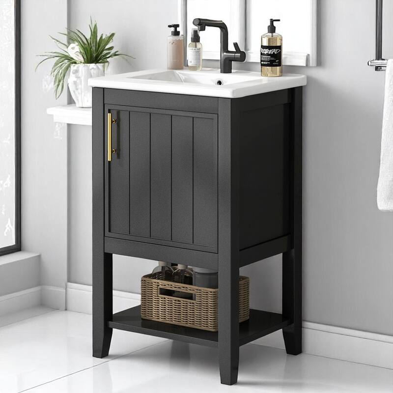 20" Bathroom Vanity Cabinet with Ceramic Sink, Soft Close Door, Storage Rack and Open Shelf - Black
