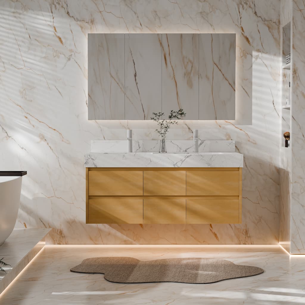 Modland 48" Wall-Mount Double Vanity with LED Lights & 6 Soft-Close Drawers - Engineered Stone Top, Maple Finish - 48 inch