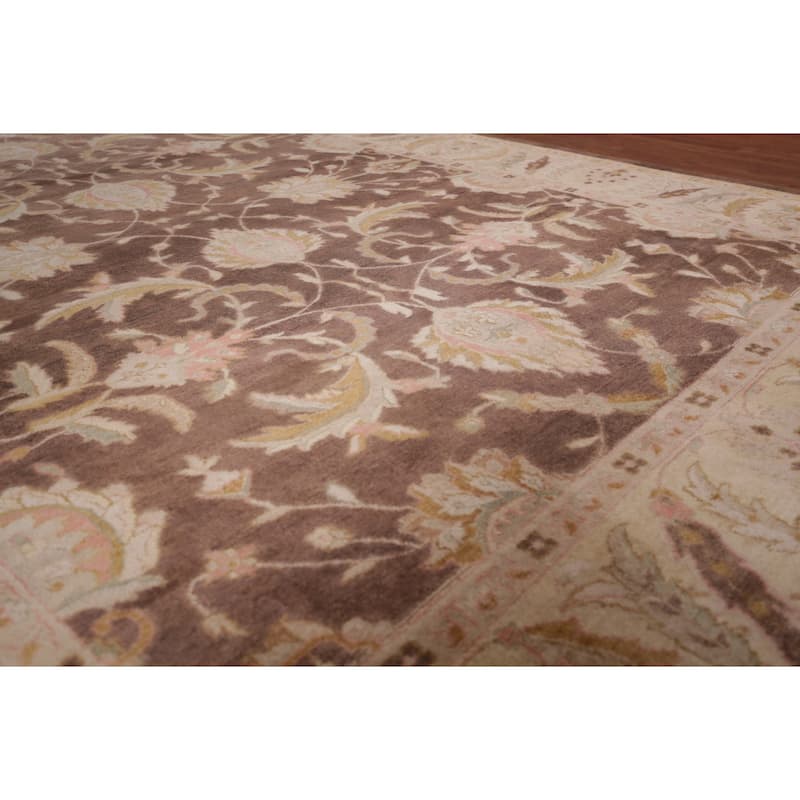 Brown Floral Chobi Peshawar Oriental Area Rug Hand-Knotted Wool Carpet - 8'11" X 11'11"