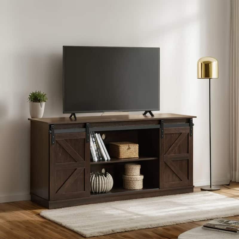 Homy Casa 58'' Farmhouse TV Stand. Sliding Barn Doors, Storage Cabinet