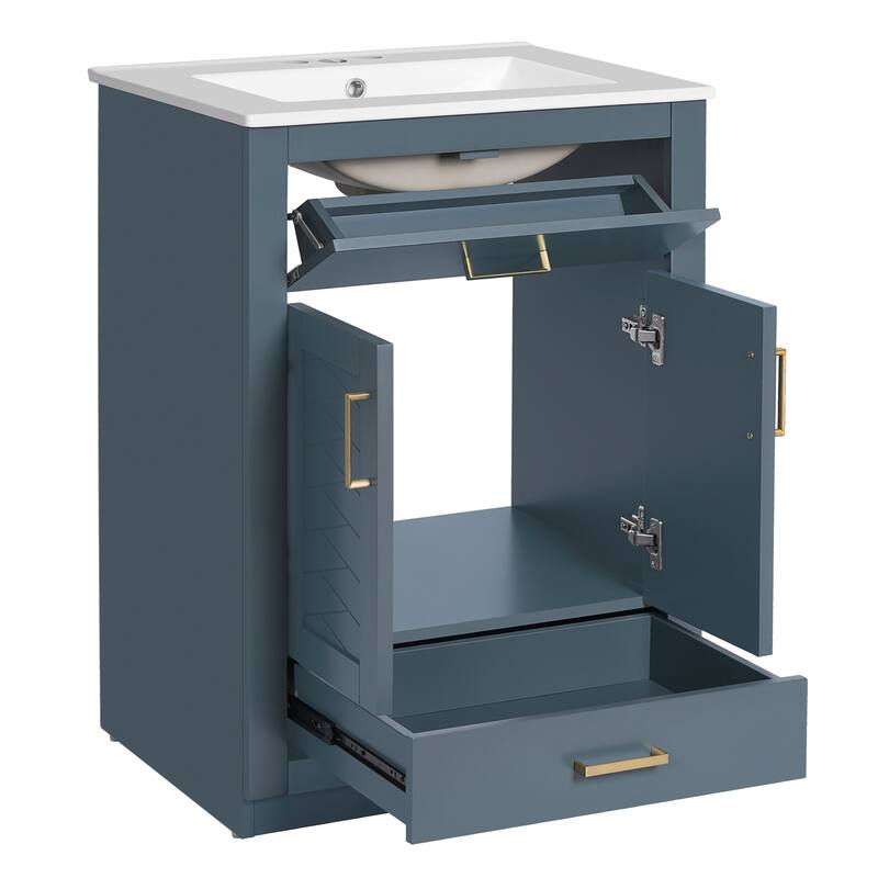 Floor Standing 24" Bathroom Vanity for Small and Medium Restroom, Integrated Ceramic Sink Bathroom Storage Cabinet