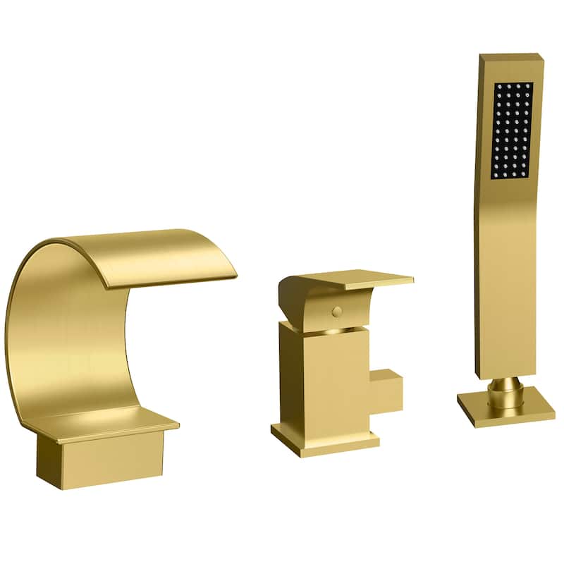 Roman Tub Faucet 3 Holes Deck Mount Bathtub Faucet with Handheld Shower Sprayer - Brushed Gold