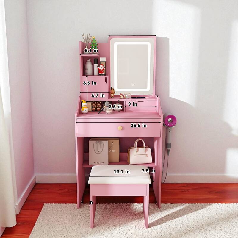 Vanity Desk with 3-Color LED Mirror, Charging Station, Storage Stool, 2 Drawers and 5 Cabinets for Bedroom