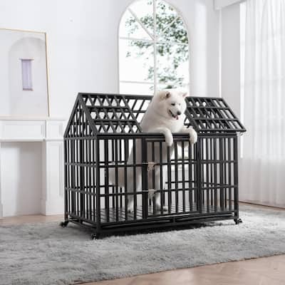 Heavy Duty Dog Crate with Wheels Escape Proof Metal Kennel Lockable Wheels Slide Out Tray
