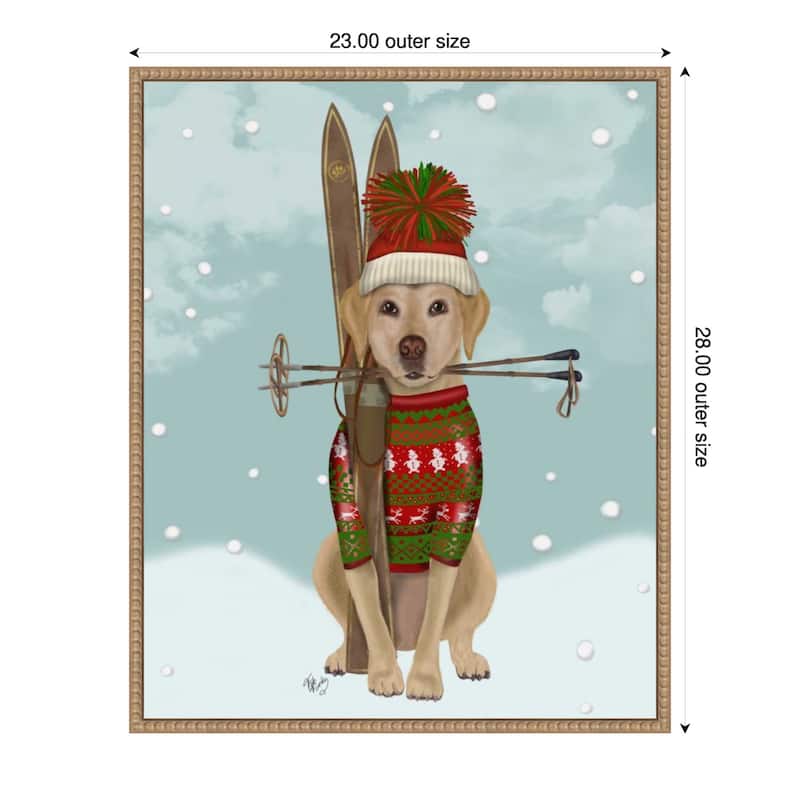 Yellow Labrador Skiing by Fab Funky (23 x 28 in.), Framed Canvas Wall Art Print - Sylvie Beaded Rustic Natural