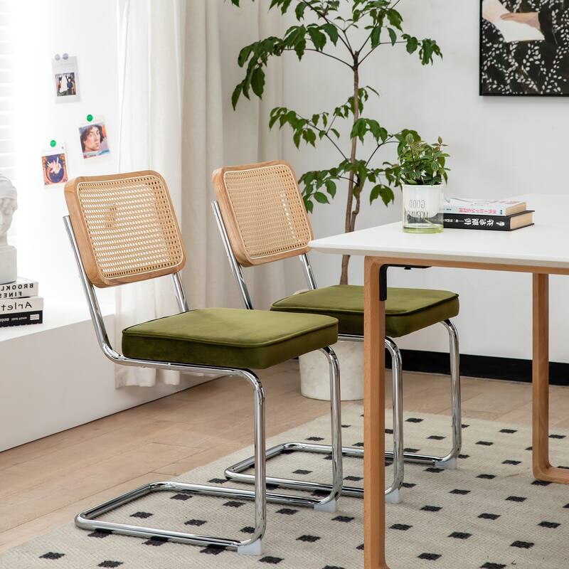 Set of 2 Upholstered Dining Chairs with Rattan Backrest and Metal Legs