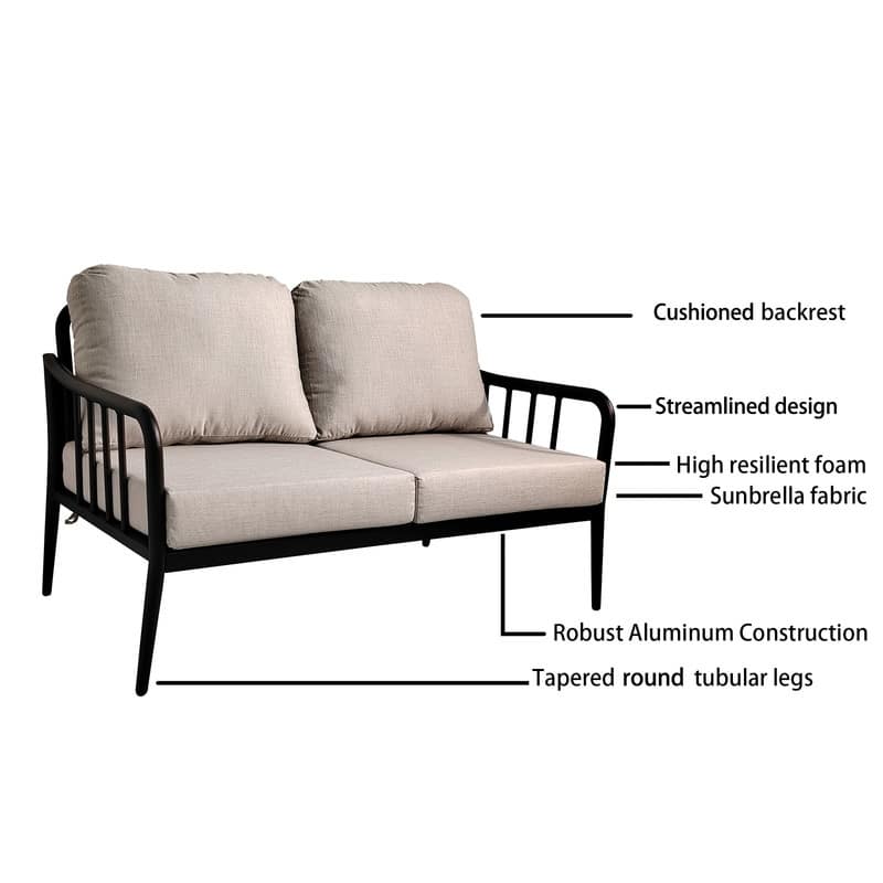 ‌2PC Outdoor Loveseat Set – Modern Chat Sofa, Sunbrella Cushions, White Carrara Marble-Look Stone Table