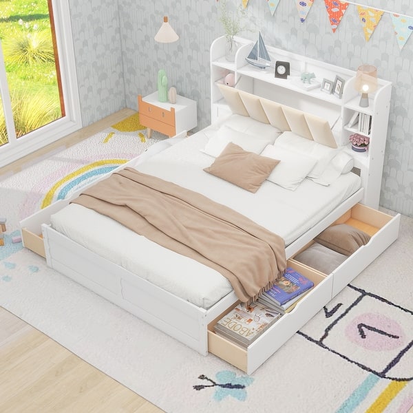 slide 2 of 14, Queen Size Platform Kids Bed Frame with Storage Headboard, Shelves & 4-Drawers, White White