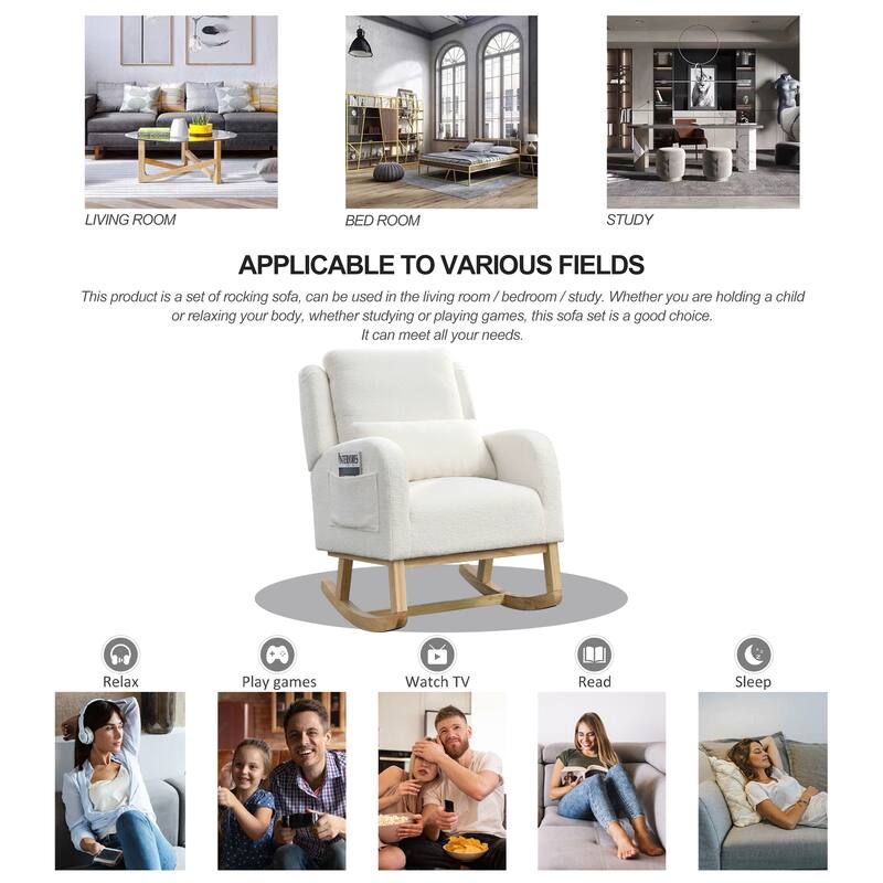 High Back Rocker Accent Chair with Wood Base, One Lumbar Pillow and Two Side Pockets