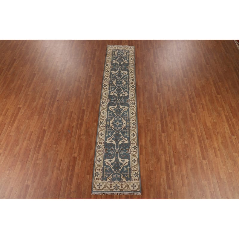Light Blue Oushak Runner Rug Hand-Knotted Transitional Wool Carpet - 2'5"x 12'0"