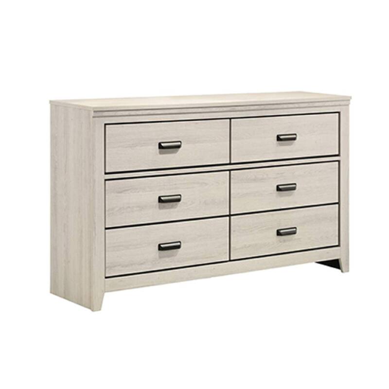 Lei Bedroom Wide Dresser Chest with 6 Drawers, Distressed White Wood
