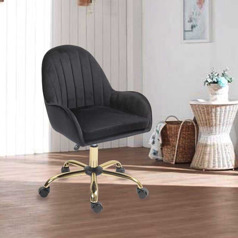 Adjustable Height Velvet Home Office Chair with Wheels and Gold Metal Base