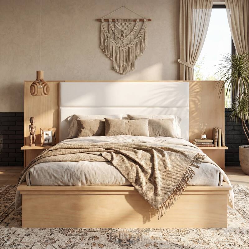 Christopher Knight Home - Avery Platform Bed Frame with Upholstered Headboard & Built-In Side Shelves, No Box Spring Needed