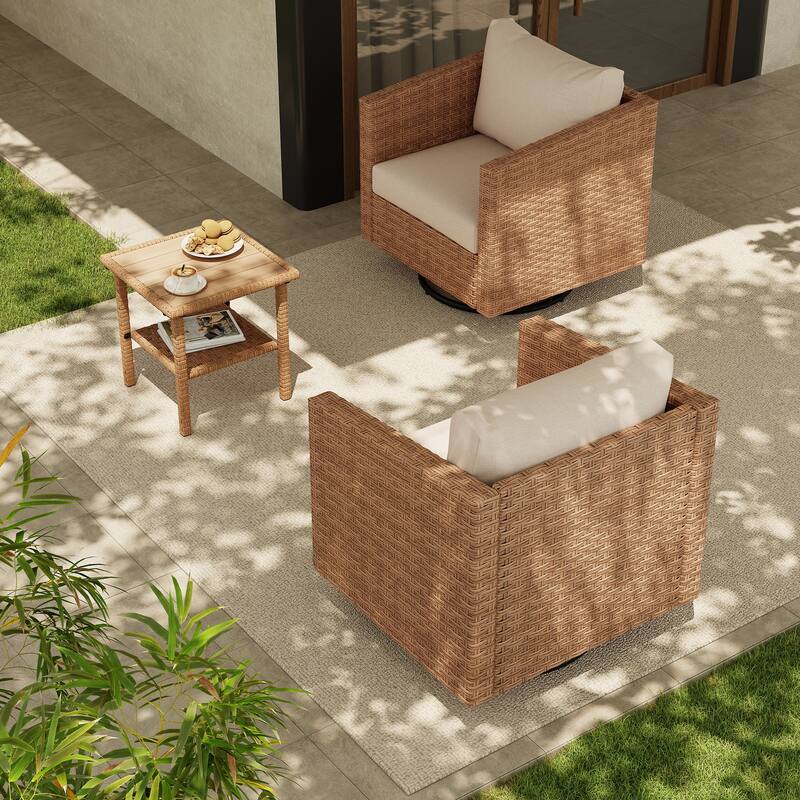 3-piece Cushioned Patio Wicker Swivel Chairs Set with Side Table Outdoor Armchair Sofa Set