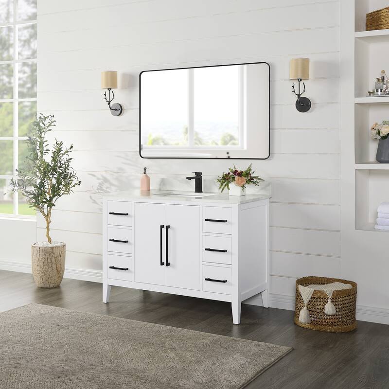 Altair Laurel Bath Vanity with Calacatta White Quartz Stone Countertop with Mirror - 48 inch - White
