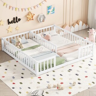Double Twin Floor Bed with Guardrails and Fence , Compact Design for Safe and Sound Sleep