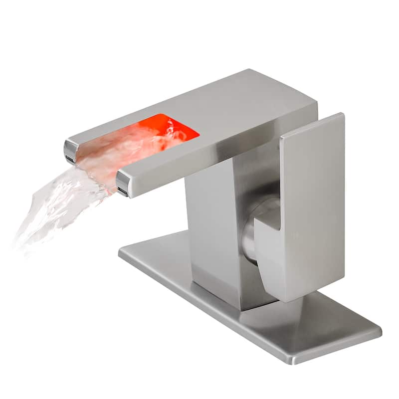 Bathroom Sink Faucet LED Light 3 Colors Changing Waterfall Glass Spout Hot Cold Water Mixer Single Handle One Hole
