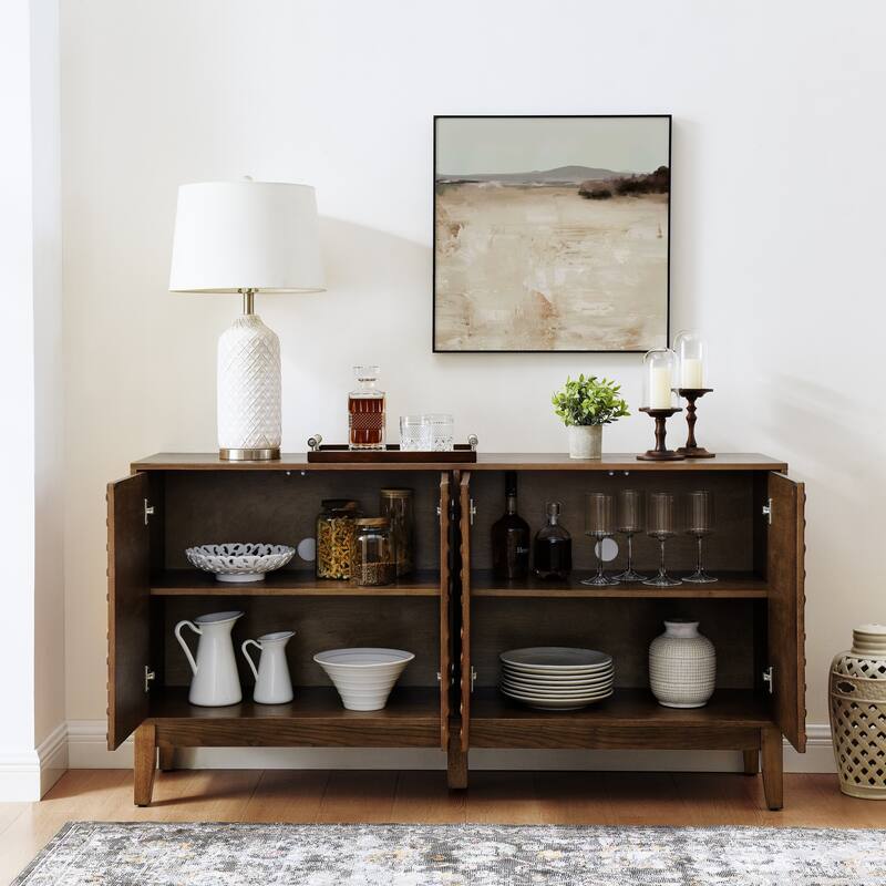 60.5"Buffet Cabinet with Storage, Farmhouse Fluted Sideboard with Geometric Pattern & Adjustable Shelves, Modern TV Stand