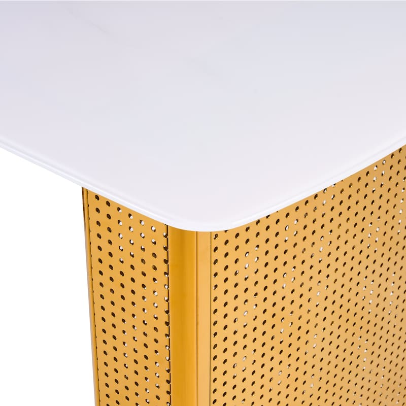 Modern Rectangular Tempered Glass Dining Table, Marble-Patterned Design with Gold Dual-Pedestal Metal Base for Dining Room